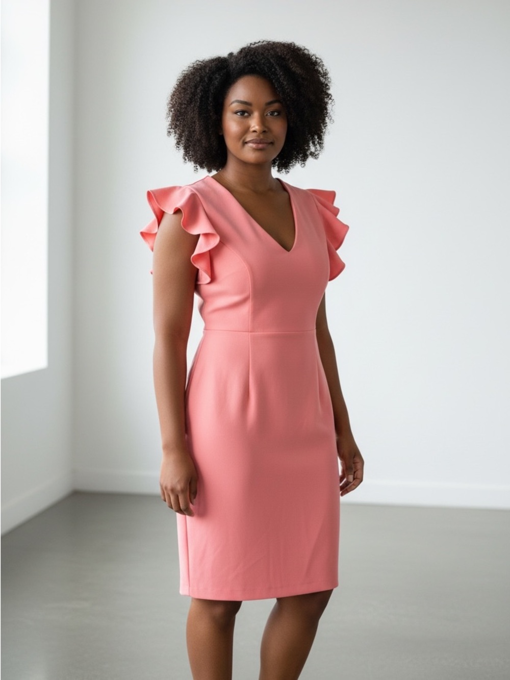 Donna Karan Pink V-Neck Ruffle Sleeve Sheath Dress